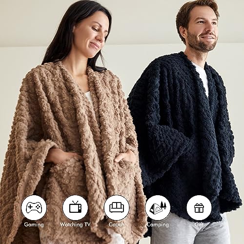 Royoliving Fuzzy Sherpa Wearable Fleece Blanket with Pockets for Adults, Ultra Soft Plush Shawl Throw Blankets (Black, 5...