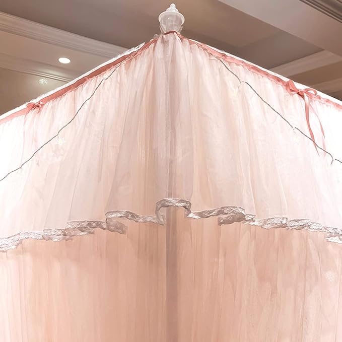 Mengersi Canopy Bed Curtains with Lights,4 Corner Bed Canopy Royal Luxurious Bed Drapes Netting,Princess Bed Curtains for Girls Adults Bedroom Decoration (Peach, Twin)