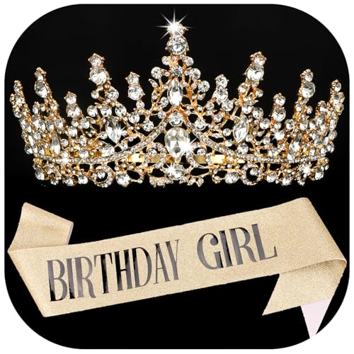COCIDE BIRTHDAY GIRL Sash for Women Happy Birthday Sashes and Crowns for Girls Crystal Tiaras for Princess Gold Party Deco...