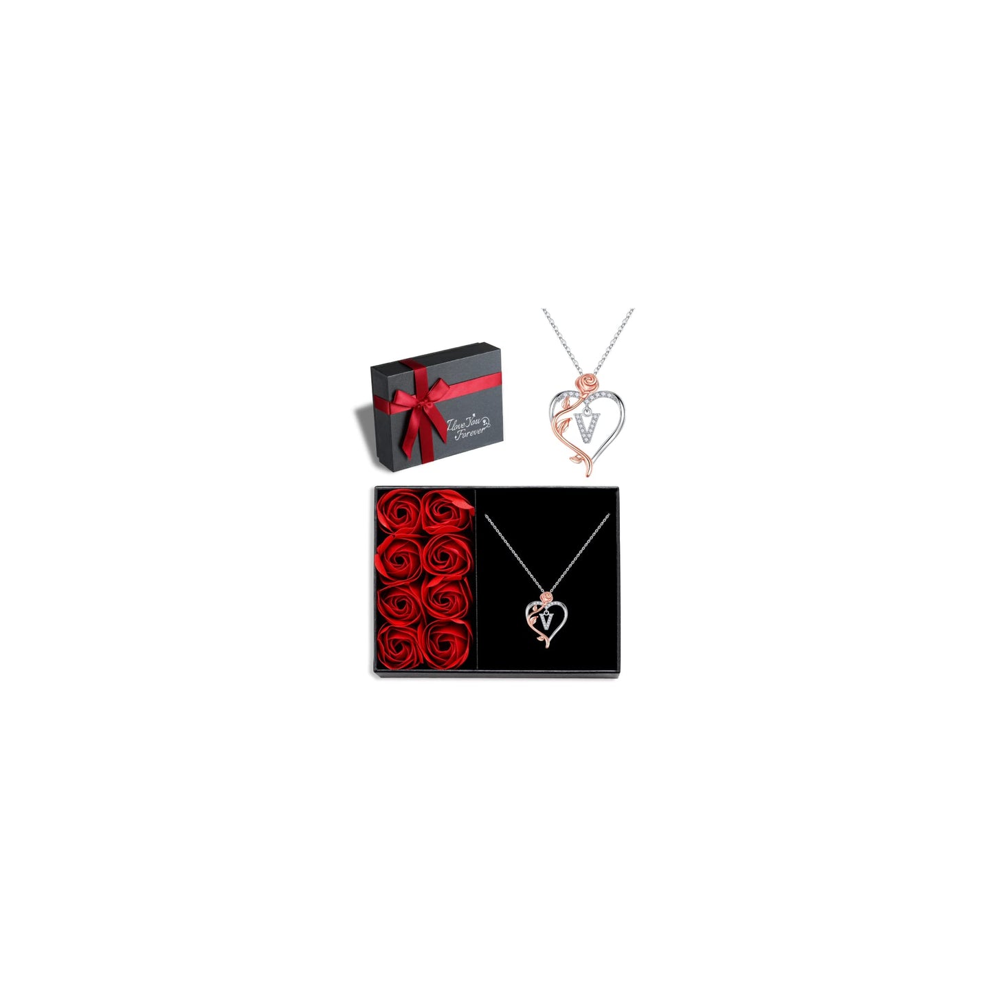 Iefil Birthday Gifts for Women Girlfriend, 925 Sterling Silver Unique Rose Love Heart Initial V Letter Pendant Necklace Mothers