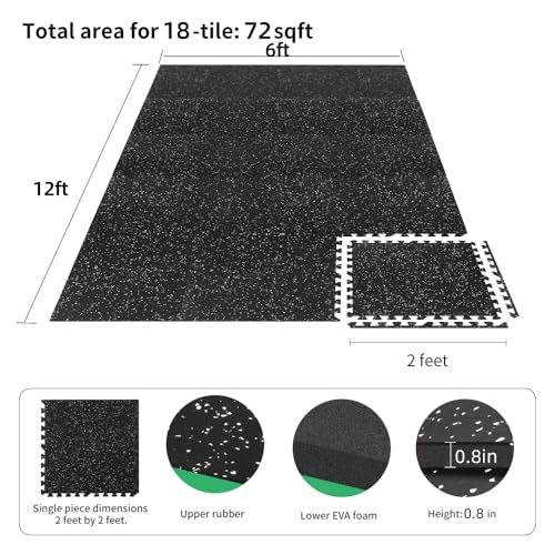 0.8in Thick 72 Sq Ft Gym Flooring for Home Gym, 18 Tiles Workout Exercise Equipment Mats, Rubber Top with EVA Foam, Interl...