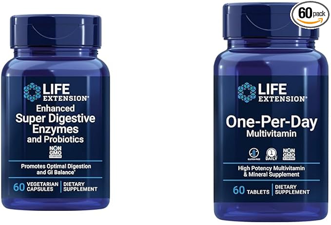 Life Extension Enhanced Super Digestive Enzymes & Probiotics 60 Vegetarian Capsules and One-Per-Day Multivitamin 60 Tablets