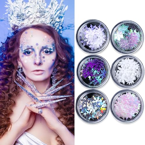 Snowflakes Glitter Sequins Makeup Face Stickers Winter Fairy Glitter Snowflakes Sequins Face Jewels Gems 6 Boxes 3D Laser ...