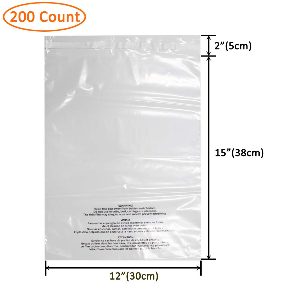 Belinlen 200 Count 12x15 Inch Self Seal Clear Poly Bags with Suffocation Warning for Packaging Clothing, T Shirts, Decorative Wrappers and More with Permanent Adhesive (1.5mil)