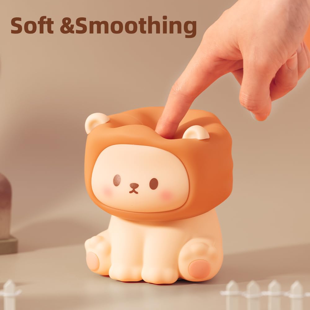Kinyilo Cute Lion Night Light For Kids  Rechargeable Nursery Lamp With Timer  3 Brightness Levels & Warm Light  Soft Silicone Baby Night Light  Tap Control  Gift For Toddlers