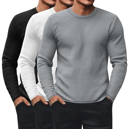 Ficerd 3 Pack Men's Waffle Long Sleeve Shirts, Crew Neck Thermal Underwear Tops Casual Pullover Sweaters Knit Undershirts