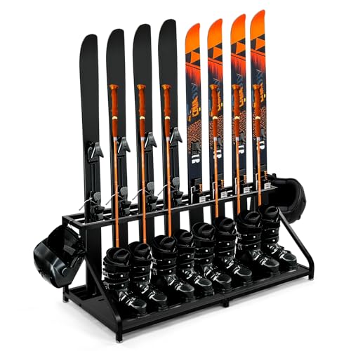 SILKPE Freestanding Snowboard Ski Storage Rack – Inclined Design, No Tipping Over, for 8 Pairs Ski, 4 Pairs Ski Boots, 2 H...