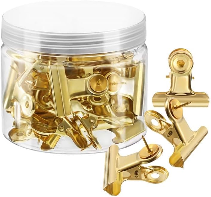 32 Pack Bulldog Clips with Push-pins for Corkboard,Metal Clips for Crafts, Metal Binder Clips for Pictures, Spring Paper Clamps for Office Documents (Gold,0.85inch)