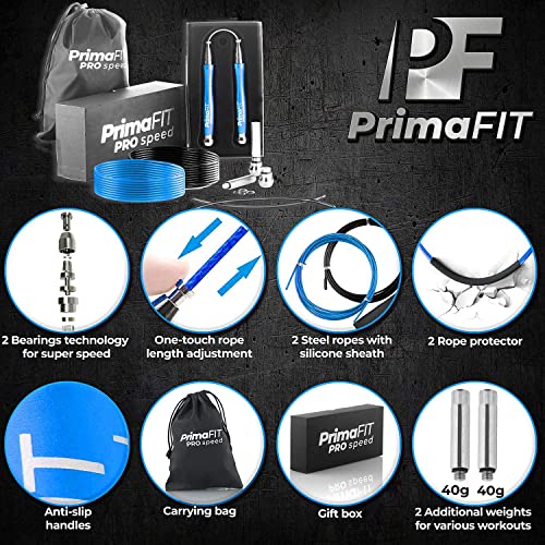PrimaFIT Jump Rope Pro Speed Skipping Rope Adjustable Adult Jumping Rope Weighted Aluminium Handles for Double Dutch Boxin...