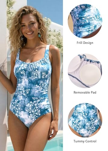 ROSEWE Tummy Control One Piece Swimsuits for Women, Ruched Bathing Suits, Cute Print Shirred Swimwear for Vacation