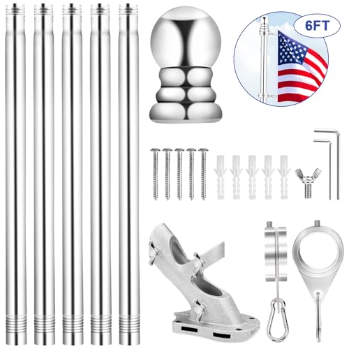 REERON Flag Pole for House, 6 FT Stainless Steel Spinning Flag Pole Kit, 1" Rustproof Porch Flagpole with 360° Tangle Free...