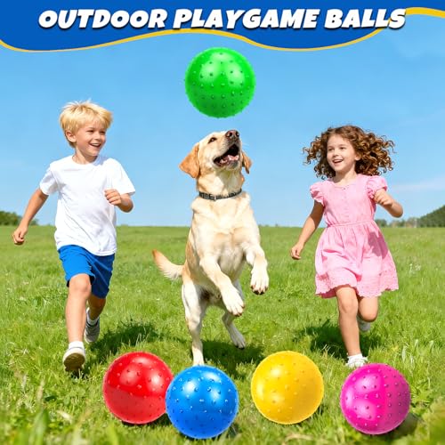 Hymaz Knobby Balls Bulk 9" Soft Bouncy Ball Sensory Toys Spiky Massage Stress Ball, Set of 5 Sensory Balls with Pump, Part...