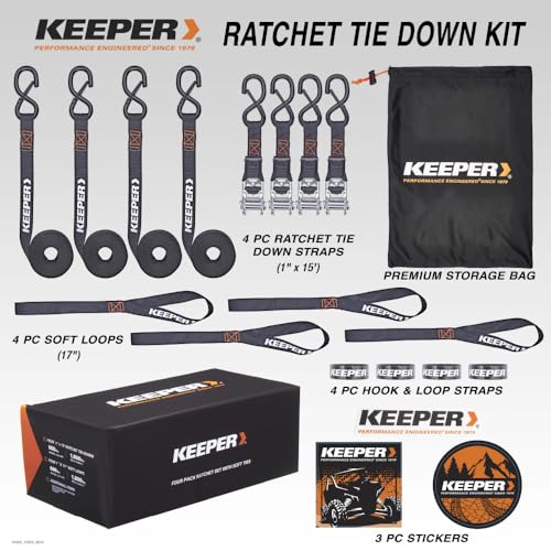 Keeper Ratchet Tie Down Straps Kit, 4 Pack - 1in. x 15ft. Heavy Duty Cargo Straps for Motorcycle, ATV, UTV & Moving – 1800...