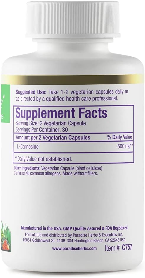 Paradise Herbs L-Carnosine, Super Potent, Ultra Pure, Antioxidant, Vegan, Non GMO, Gluten Free, 60 Vegetarian Capsules