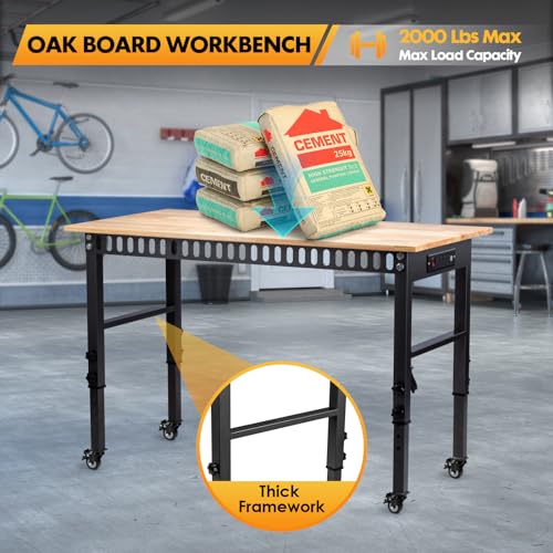 GVGBUK 48" Height Adjustable Workbench, 2000 LBS Load Capacity Rubber Wood Top Workstation, Heavy-Duty Hardwood Worktable ...