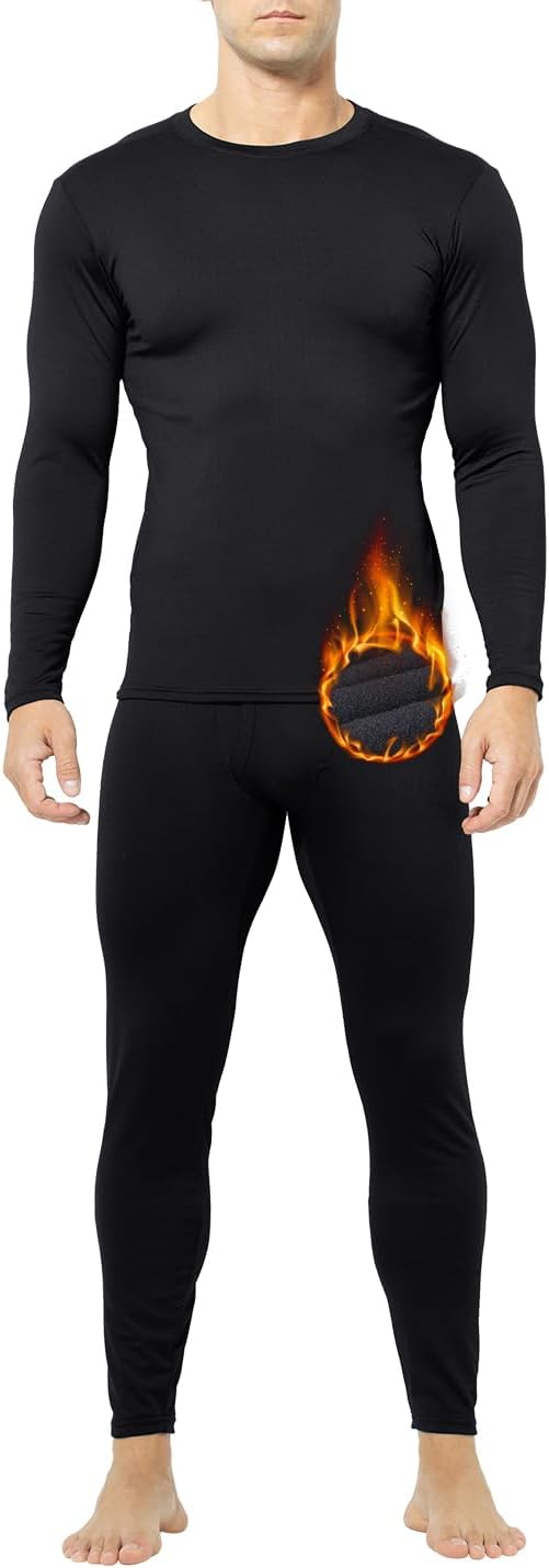 Arjen Kroos Thermal Underwear for Men, Fleece Lined Top and Bottom Set, Long Johns Thermal Set Base Layer