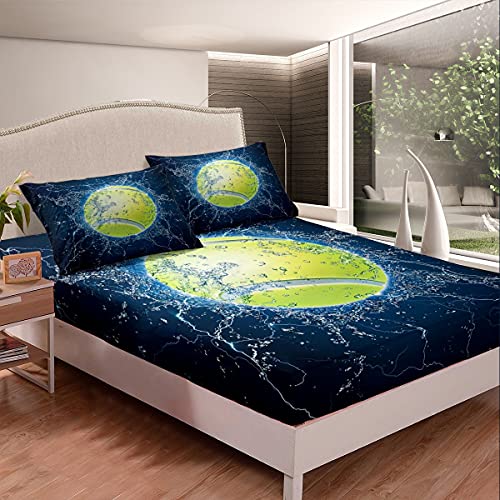 Feelyou Sports Decor Tennis Bed Sheets 3D Water Tennis Ball Sheet Set for Kids Boys Sports Themed Bed Set Blue Fluorescent...