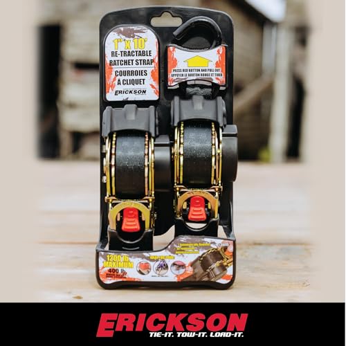 Erickson Pro Series 1in x 10ft Black Retractable Ratcheting Tie-Down Straps, Heavy-Duty Secure Hold, 1500 lb Load Capacit...