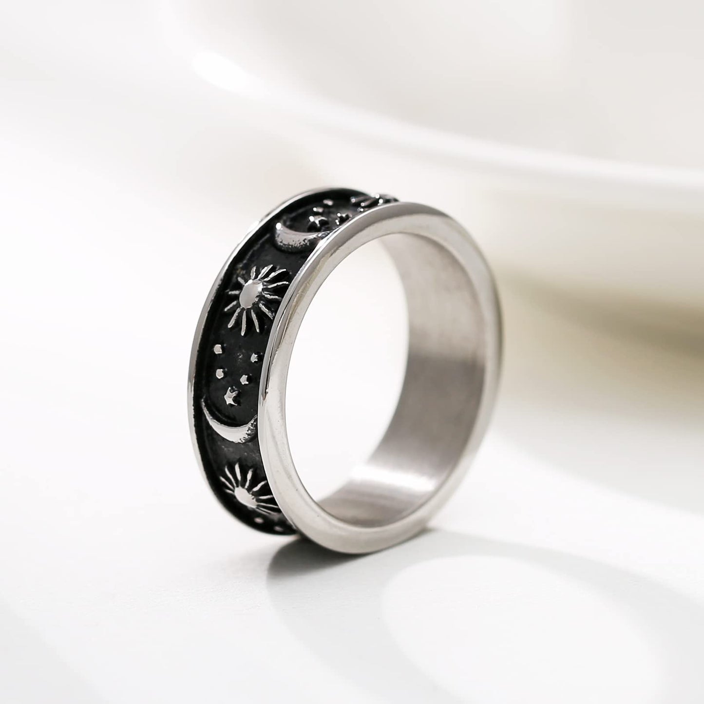 HZMAN 8mm Moon Star Sun Statement Ring Stainless Steel Boho Jewelry for Women Men (Silver, 5)