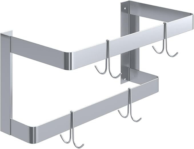 AmGood 24 in. Wall-Mounted Stainless Steel Double-Line Pot Rack. Includes 4 double pring hooks