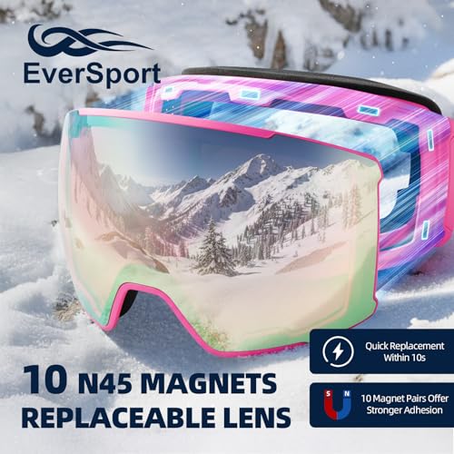 EverSport Ski Goggles, OTG Snowboard Goggles for Men Women with Magnetic Lens UV Protection and Anti Fog, Skiing Snowmobile