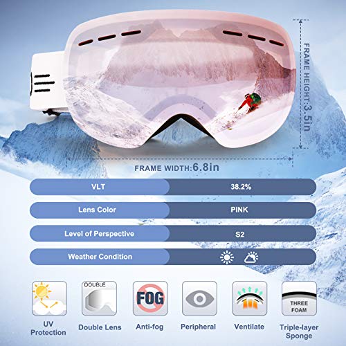 FONHCOO Ski Goggles for Men Women, Anti-Fog OTG Snow Snowboard Glasses with Detachable Lens for Skiing Skating, UV Protection