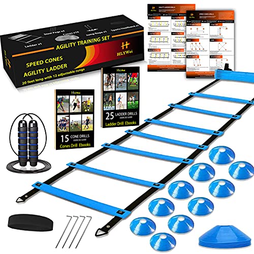 HLYWEI Speed Agility Training Set, Includes 1 Agility Ladder, 4 Steel Stakes, 1 Sports Headband,1 Jump Rope, 10 Disc Cones...