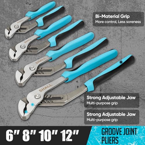 SHALL 8-Piece Adjustable Wrench & Water Pump Pliers Set, 12/10/8/6 Inch, 4Pcs Adjustable Tongue and Groove Joint Pliers an...