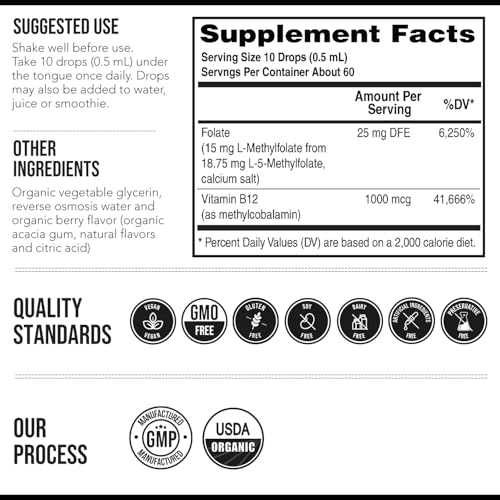 L Methyl Folate 15mg Plus Methyl B12 Cofactor – Organic Berry Flavor, High Potency Liquid Sublingual Active 5-MTHF Form - ...