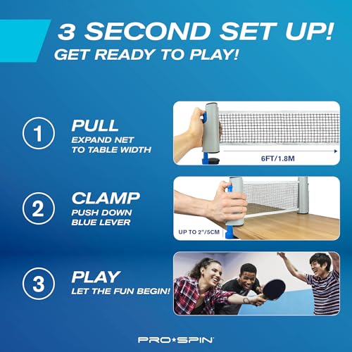 PRO-SPIN Portable Ping Pong Set with Retractable Ping Pong Net for Any Table, All-in-One Table Tennis Set with Ping Pong P...