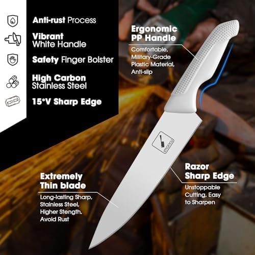 imarku® 14-Piece Kitchen Knife Set with Block and Sharpener, Professional Stainless Steel with Non-Slip Ergonomic Handle, Dishwasher Safe, Home Essential, Gray-White