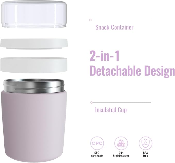 Stainless Steel Thermo for Hot Food for Kids Adults, 16.9oz Leakproof Insulated Food Jar with Detachable Snack Container (6.7oz) & Spoon, Wide Mouth Lunch Food Container for School, Office