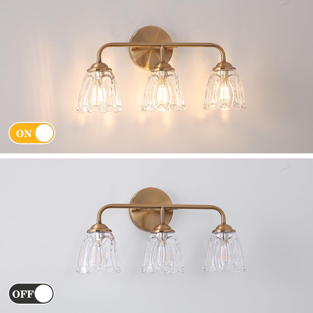 Daunton 3-Light Bathroom Vanity Light Gold  Vintage Vanity Light Fixtures Over Mirror  Brass Bathroom Light With Flower Glass Shade  Art Deco Wall Sconce Lighting For Bedroom  Living Room