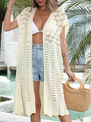 Womens Crochet Beach Cover Up Casual Cap Sleeve Kimono Swimsuit Summer Knit Long Cardigans Bathing Suit