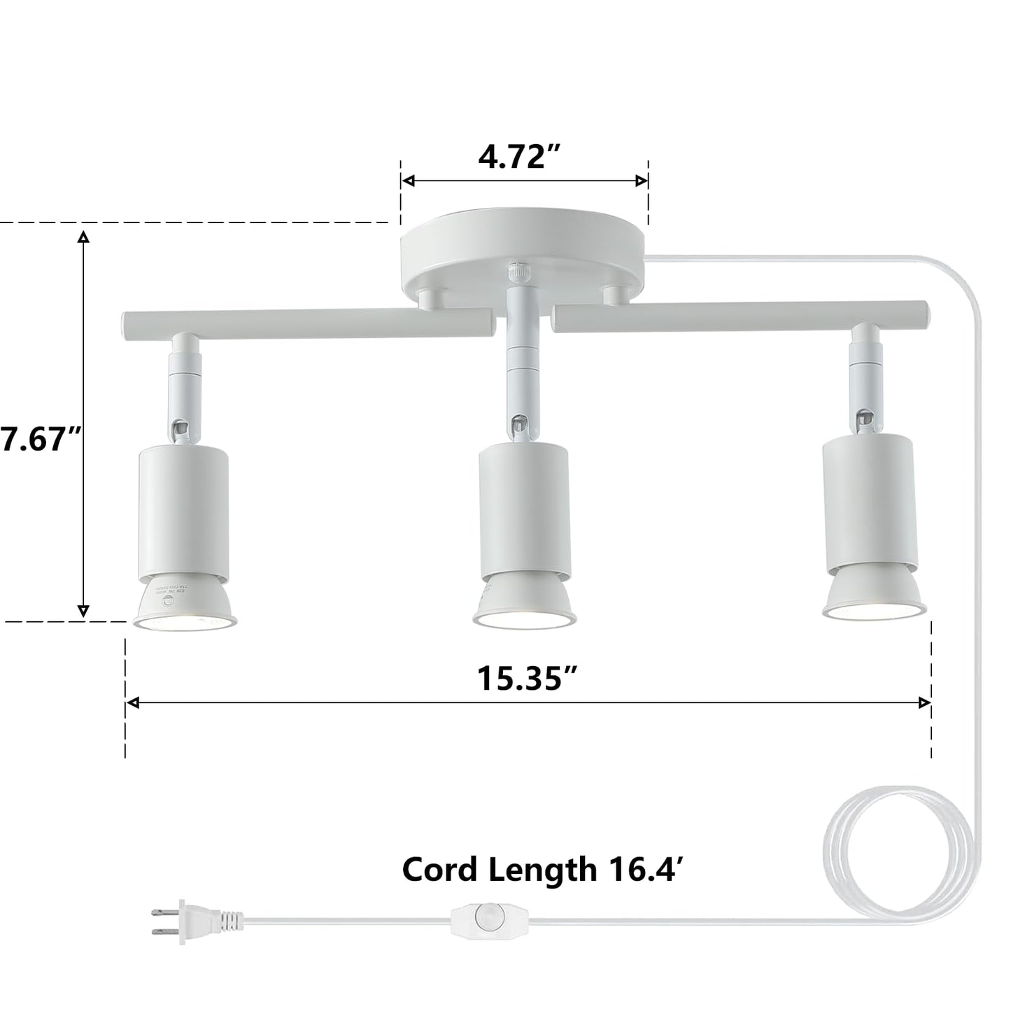 Vivihobb Dimmable Plug In Track Light White 3 Light Plug In Ceiling Lighting Fixture With 16.4 Long Cord 4 Way Ceiling Spotlight Rotatable Wall Mount Light Head Led Dimmable Spot Bulbs Included