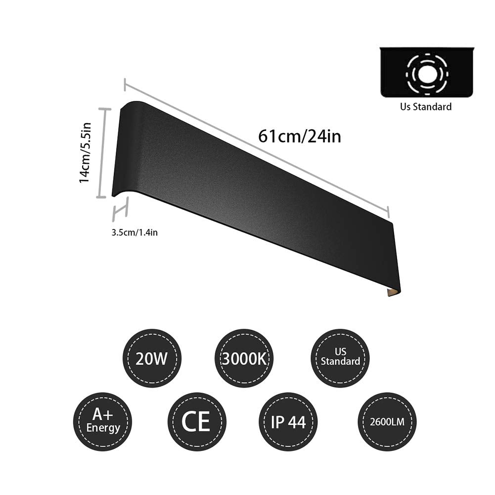 Ralbay 24 Led Wall Sconce - 20W Black Vanity Light, Modern Aluminum Design, Warm White 2700-3200K