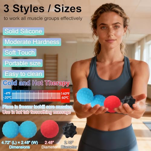 HODEMI Massage Ball Set, 3 Pieces - Spiky, Lacrosse & Peanut Roller for Muscle Knots, Myofascial Trigger Point Release, De...