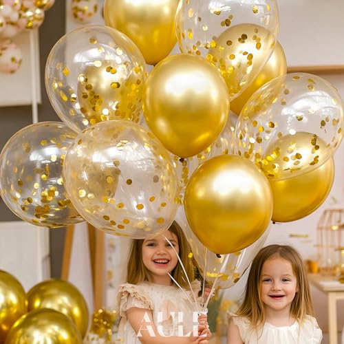 AULE Party Balloons Pack of 42 - Metallic Gold Balloons & Gold Confetti Balloons and 64ft Ribbons - 12 Inch Balloons Decor...