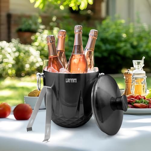 3L Ice Buckets for Parties and Cocktail Bar with Stainless Steel Lid,Tongs & Strainer(Black) Double-Wall Insulated Metal I...