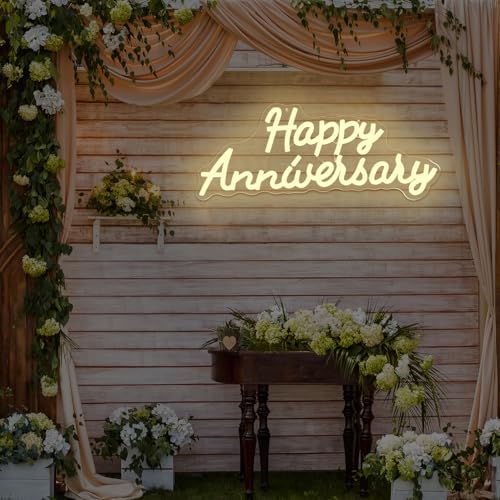 hhuohuona Happy Anniversary Neon Sign Dimmable Wedding Anniversary Decorations Led Sign Backdrop Feliz Aniversario Light U...