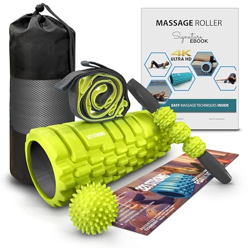 321 STRONG 5 in 1 Foam Roller Set with Hollow Core Deep Tissue Massager, Muscle Roller Stick, Stretching Strap, Spikey Pla...