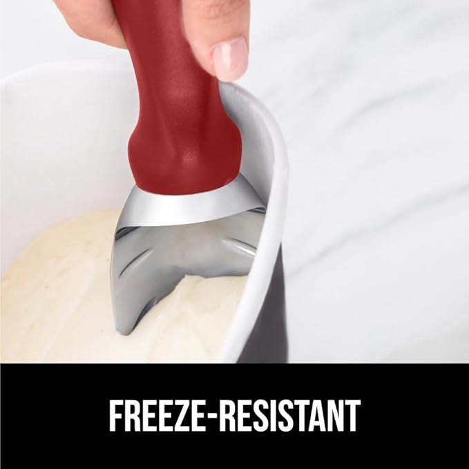 GORILLA GRIP BPA-Free Heavy Duty Ice Cream Scoop, Comfortable Ergonomic Handle, Professional Grade Scooper for Perfect Round Scoops, Spoon Frozen Hard Gelato, Sorbet, Cookie Dough, Kitchen Tool, Red