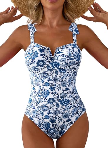 Aleumdr Women's One Piece Swimsuits Tummy Control Bathing Suits V Neck Boho Tie Shoulder Ruched Full Coverage Swimwear