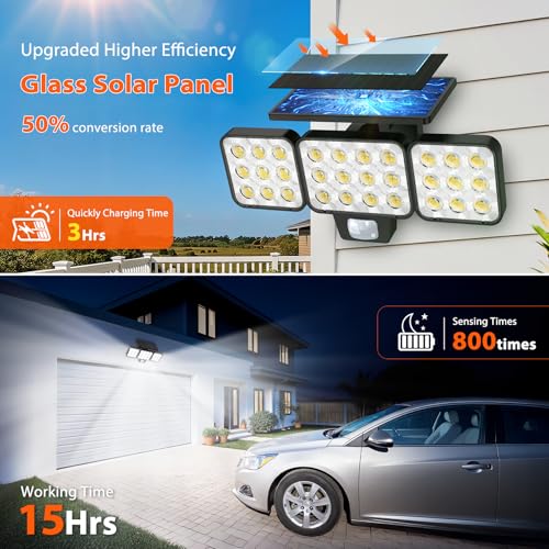 WdtPro Solar Lights Outdoor Flood Light, 3500LM Bright Motion Sensor Outdoor Lights, 3 Heads & Upgrade Glass Panel, LED So...