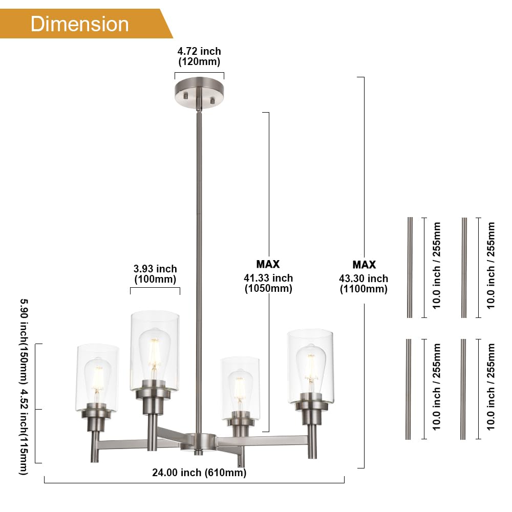 VINLUZ 4 Light Modern Chandelier Pendant Lighting Brushed Nickel Clear Glass Shades for Dining Room Kitchen Living Room Model 210-4SN