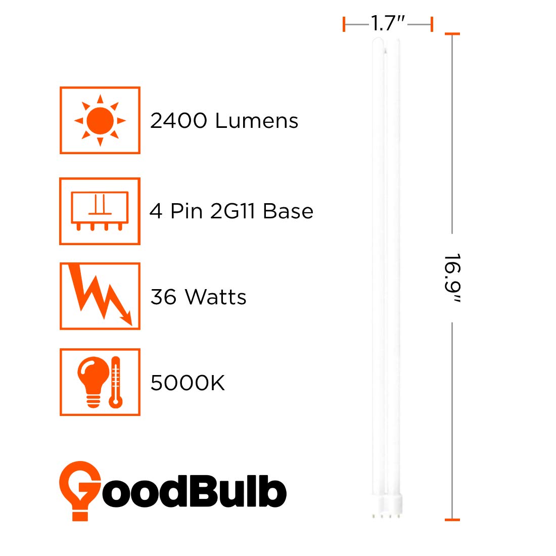 Goodbulb Pll36/850 | 36W 16.9 Twin Tube Compact Fluorescent Light Bulb 4-Pin 2G11 Base 5000K Daylight 2400 Lumen Car Dealership Lighting Pack Of 10