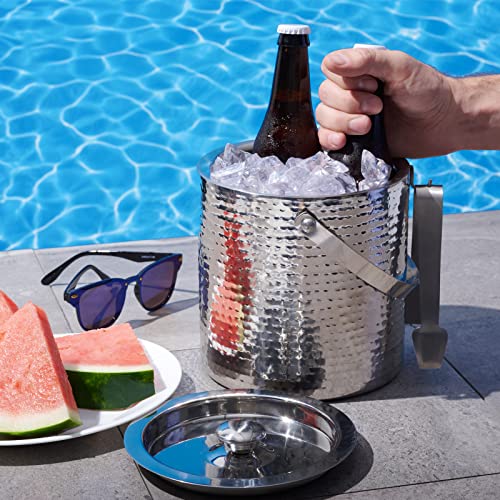 Hammered Ice Bucket - Ice Bucket with Tongs - Insulated Ice Bucket with Lid - Double Wall Ice Bucket 3 Quarts - By Colleta...