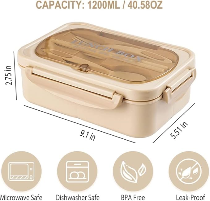 Bento Box for Adult, 1200 ML Lunch Containers for Adults, LeakProof Lunch Box with Utensils, BPA Free, 3 Compartment Bento Box Microwave Safe