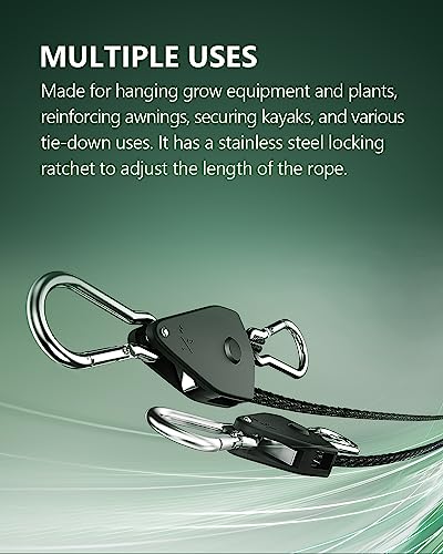 STAYGROW 4-Pack 1/8" Adjustable Rope Hanger, Heavy Duty Ratchet Tie Down Strap with Reinforced Metal Gear, Ratcheting Pull...