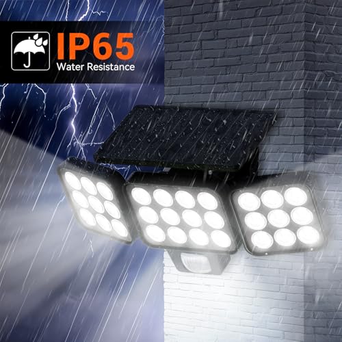 WdtPro Solar Lights Outdoor Flood Light, 3500LM Bright Motion Sensor Outdoor Lights, 3 Heads & Upgrade Glass Panel, LED So...